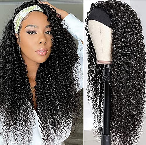 Curly Headband Wig Human Hair Glueless Headband Wig for Black Women None Lace Front Wigs Machine Made Human Hair Curly Headband Wig Natural Color (20" Headband wigs)