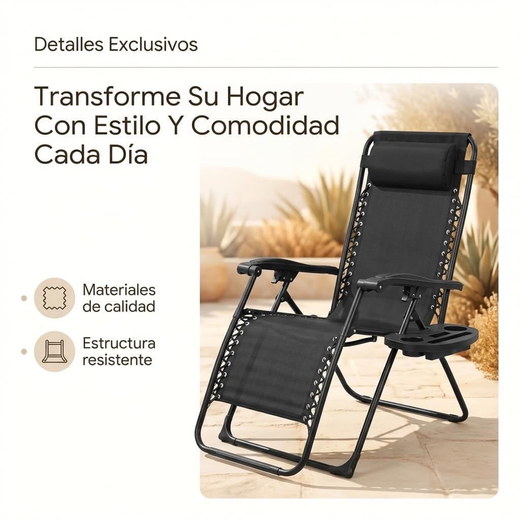 Tumbona Plegable para Exterior | Reposapiés y Cojín Ajustable | Silla Reclinable Bandeja Lateral para Bebidas, Móvil y Libros | para Terraza, Camping, Playa, Piscina (Negro) - 3