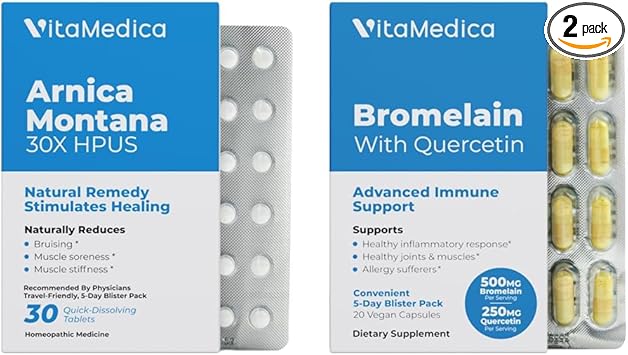 VitaMedica Arnica and Bromelain Blister Packs Bundle | for Post Surgery and Muscle Recovery | Bruise Relief | Plant Based Natural Formulas | 2 Product Bundle for Healing Support | 5 Day Supply