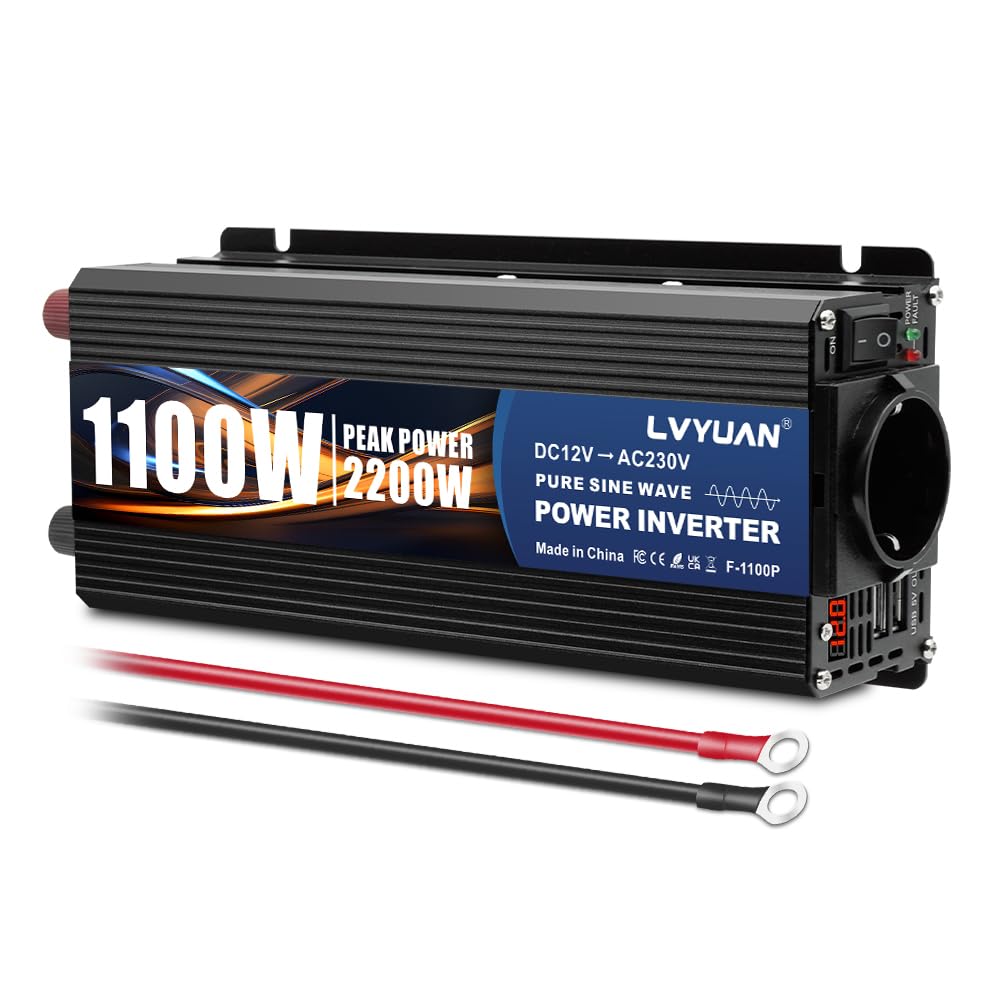 LVYUAN Inversor 12V a 220V 230V 1100W/ 2200W Convertidor de tensión de Onda sinusoidal Pura Transformador con Pantalla LED, Enchufe UE y 2 Puertos USB