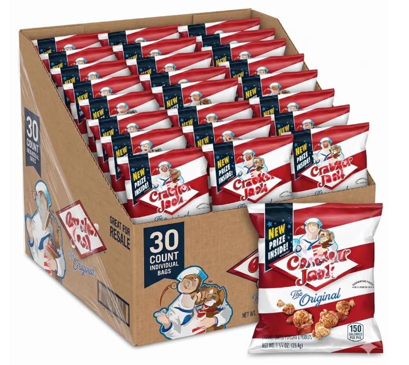 (25 Packs) - Cr@¢keᖇr J@¢k |Caramel Coated Popcorn and Peanuts Snack Mix, Sweet and Crunchy Snack Packs, 1.25 oz Each, 25 Count Bulk Box, Individual Portion Bags for Pantry, Parties & Office Snacks