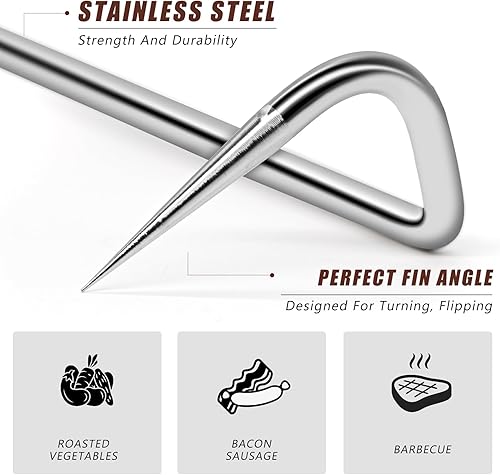 Miniatura 5 de Ganchos volteadores de acero inoxidable para asar, para carne, para cocinar y cocinar, accesorios de parrilla con mango de madera para asar y ahumar