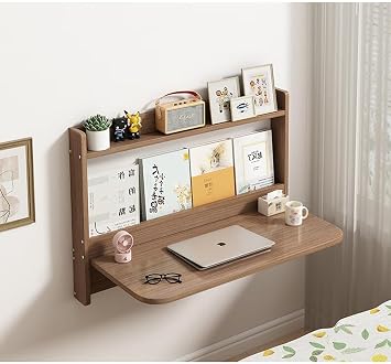 Wall Mounted Drop Leaf Table, Solid Wood Folding Wall Desk with Storage Shelves, Heavy Duty Space-Saving Fold Down Laptop Table for Home Office Bedroom Spaces Walnut, 82.5 57CM