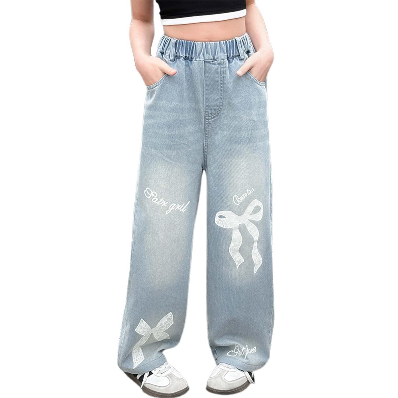 Generico Jeans Bambina 3-14 Anni Baggy Straight Pantaloni Jeans Denim Ragazza con Elastico in Vita Alta Lazo Casual Pantaloni Lavoro Cargo Ampia Primaverile Holiday Streetwear