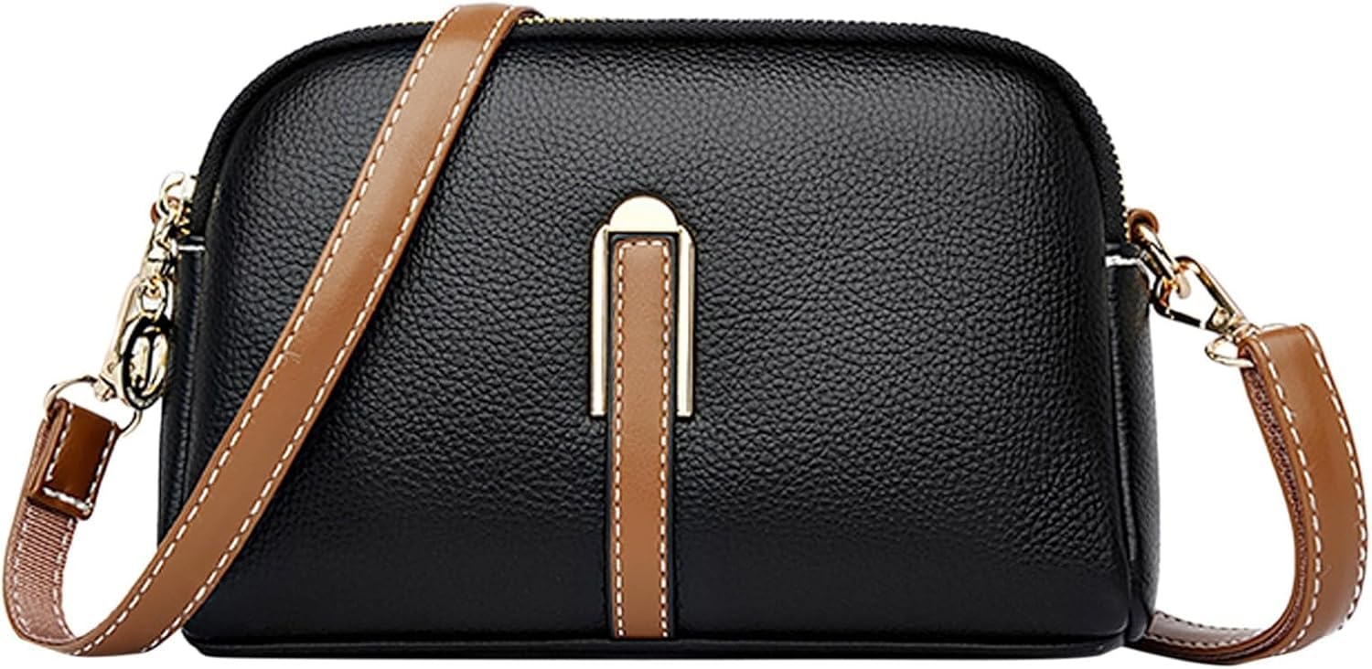Small Crossbody Sling Bag for Women, Faux Leather, Black with Brown Strap, Double Zipper-image-27