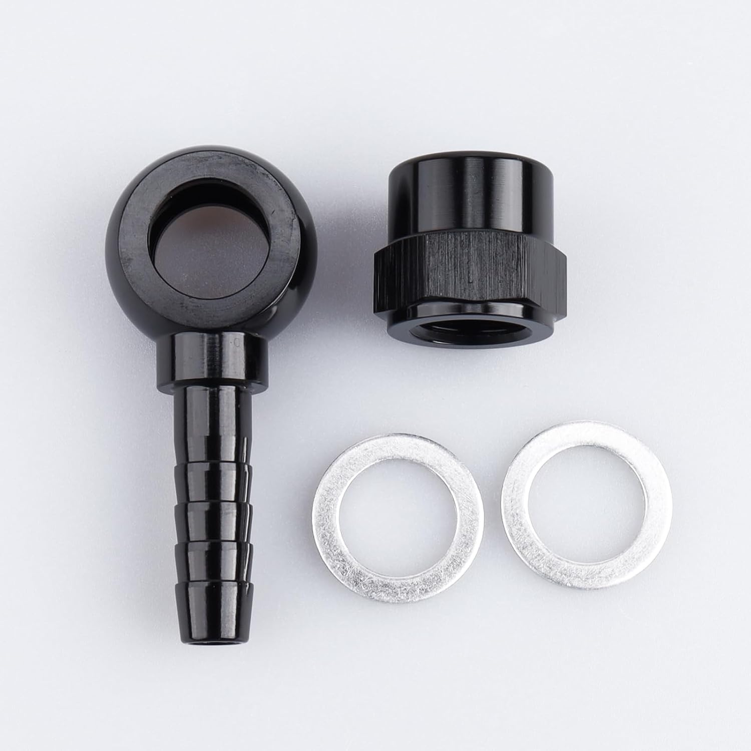 AC PERFORMANCE Black Aluminum Fuel Banjo Adapter - M12 12mm Banjo to 8mm Barb Adapter Kit Set with M12 Washer and M12X1.5 Female Cap, Designed for Bosch 044 Fuel Pump