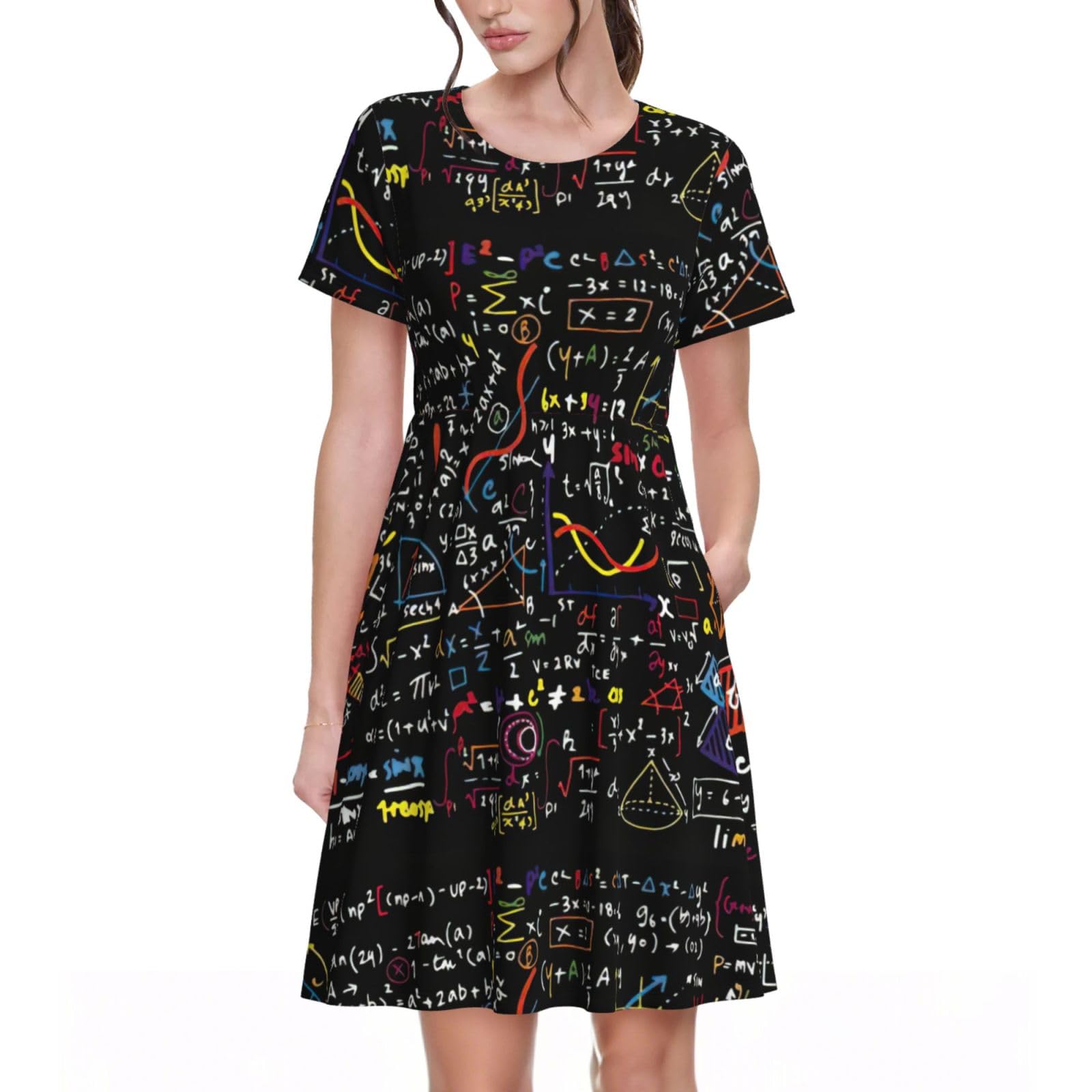 Hkhlhlh Women's Black Math Formula Casual Short Sleeve Sundress For Brunch, Casual Meetups