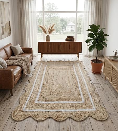 Trademoon Handmade Scalloped Jute Area Rug with White Border |