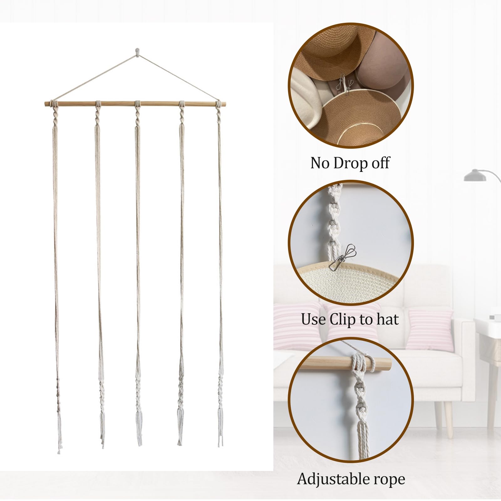 JOJOCY Porta cappelli da parete, organizer per cappelli con 12 clip, porta cappelli stile boho, decorazione per cappelli Fedora, da cowboy, a tesa larga, 155 x 80 cm