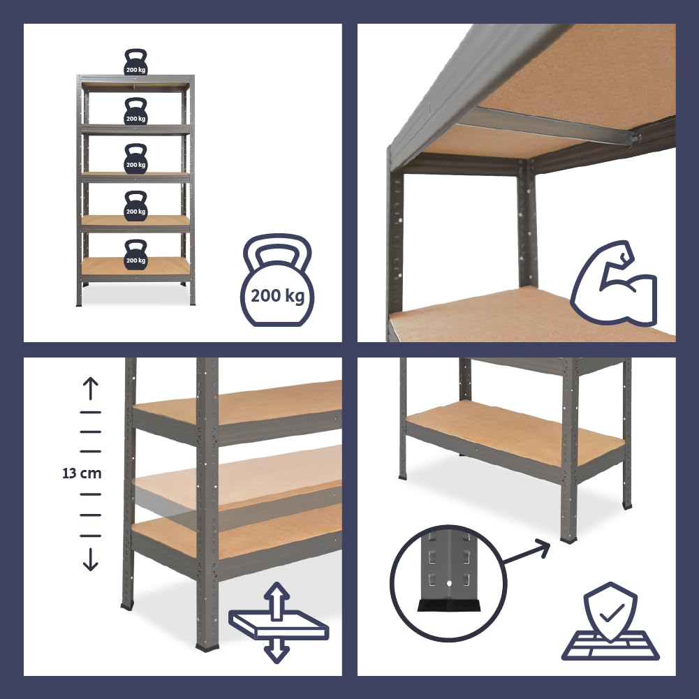 shelfplaza Pro 200x90x60 cm Estantería Pesada en Gris con 5 baldas y 200 kg de Capacidad de Carga por balda
