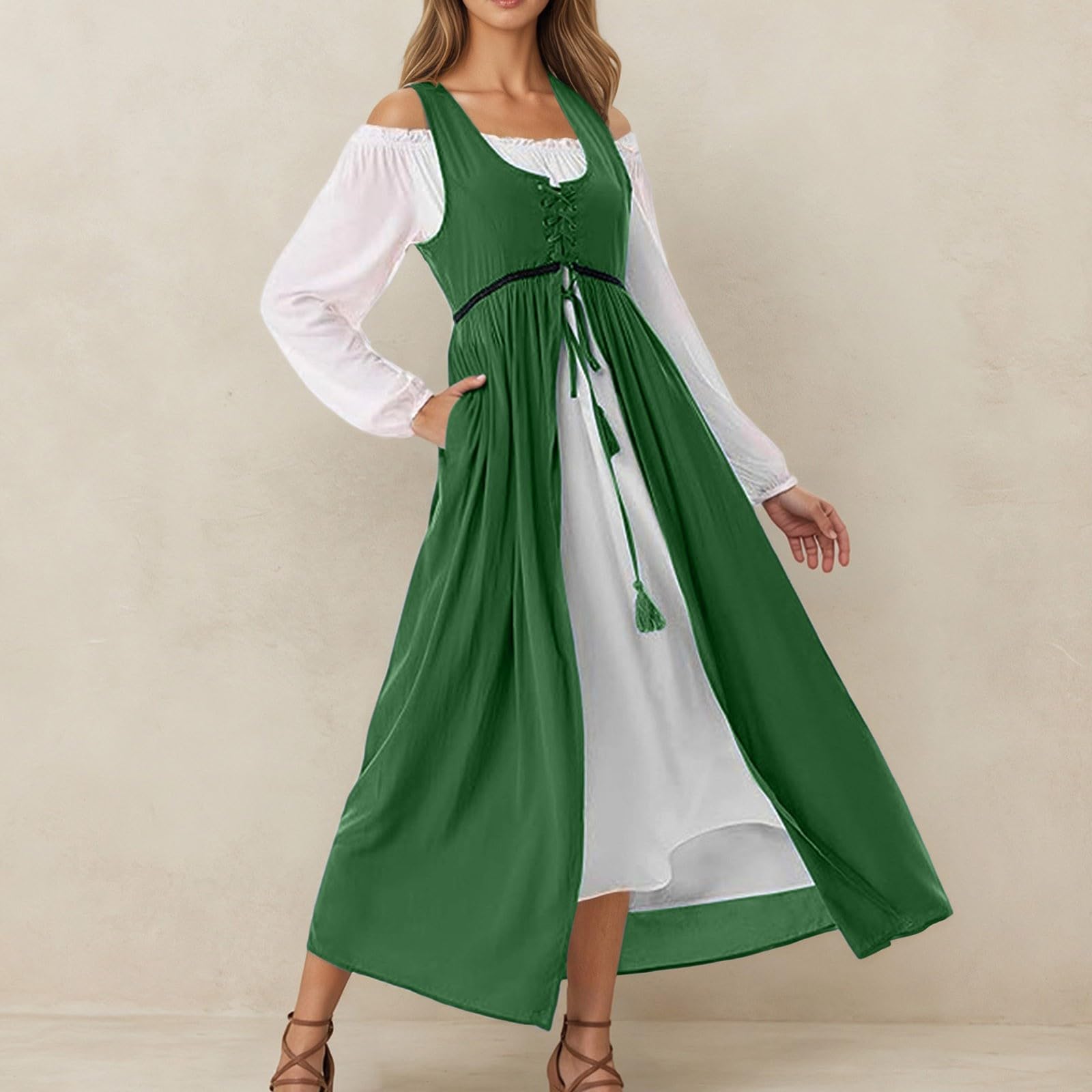 Trachtenkleid Damen Oktoberfest Outfit im Gothic-Stil, mittelalterliches Langarmkleid für Cosplay historische Nachstellung