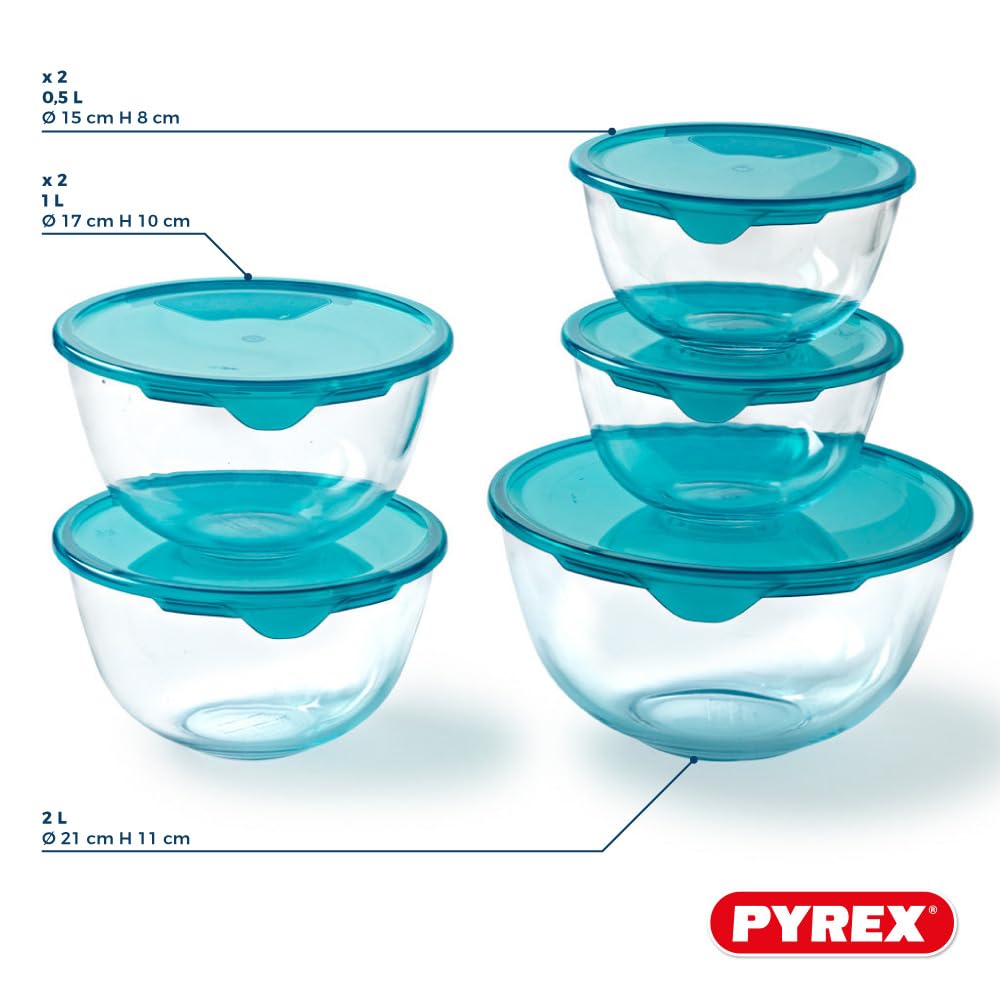 PYREX - Lot de 5 Bols/Saladiers avec Couvercles - 2x0,5L + 2x1L + 1x2L - Verre Borosilicate - Extrême Résistance - Compatible Lave-Vaisselle - Made in France