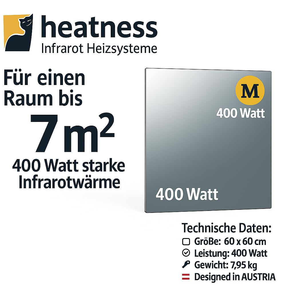 heatness Grzejnik na podczerwień na ścianę, M – energooszczędne ogrzewanie ścienne, ogrzewanie elektryczne 400 W, grzejnik do montażu na ścianie, ogrzewanie lustra, 60 x 60 x 2,5 cm, do 7 m² (M)