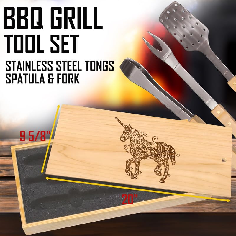 Set de utensilios para BBQ con diseño unicornio y caja grabada miniatura 3