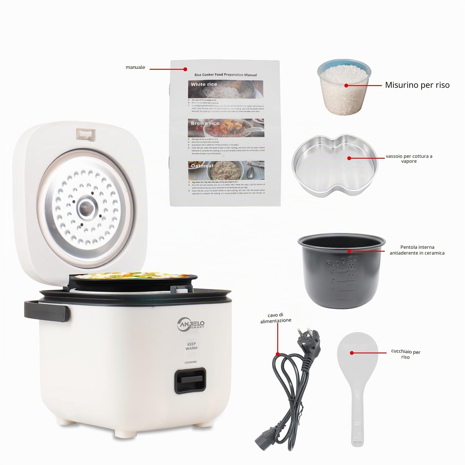 Cuociriso personale da 1,2 l, con rivestimento antiaderente,cestello per cottura a vapore in acciaio inox,misurini e comando one-touch,Perfetto per una o due persone per cuocere riso (Bianco)