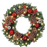 WANNA-CUL 24 Inch Christmas Wreath for Front Door,Farmhouse Christmas Red Apple Berry Wreath with Pine Cones Blue Berry and Cherry for Mantel Decoration