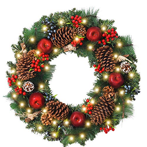 WANNA-CUL Pre-Lit 24 Inch Christmas Wreath for Front Door Farmhouse Christmas Door Wreath Decoration with Red Apple,Pine Cones,Red Berry, Blueberry, Battery Operated 30 LED Lights