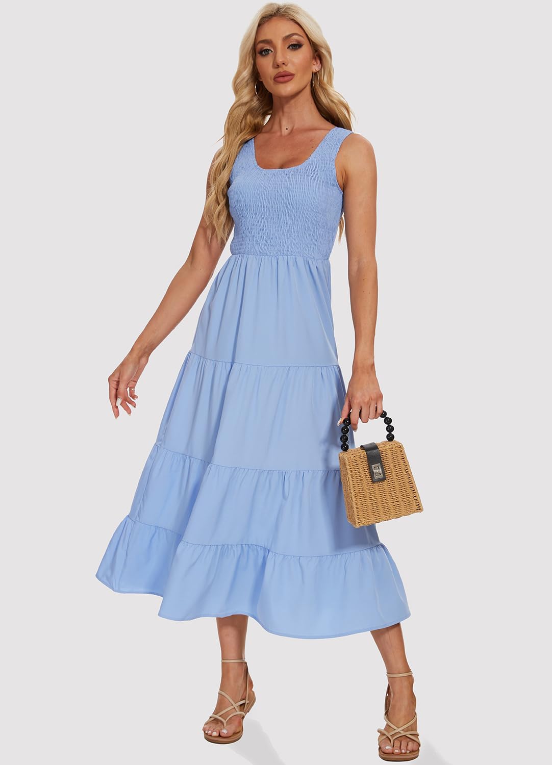Women's Summer Smocked Maxi Dresses Sleeveless U Neck Ruffle Hem Tiered A Line Flowy Dress - Image 3