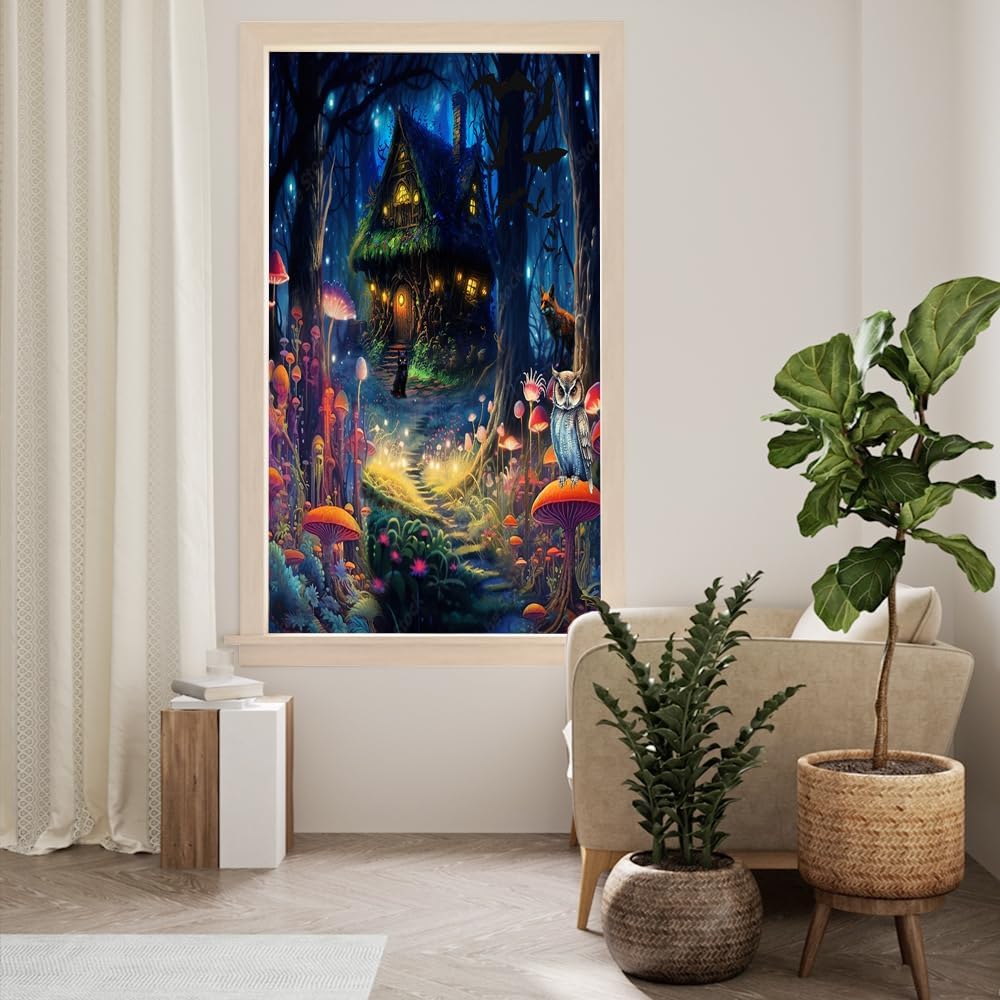 Rustic Cabin Forest Mushroom Window Privacy Film,Watercolor Misty Woodland Animal Cat Fox Owl Stained Glass Window Film Decor Window Cling for Home Window Sun Blocking-23.6W x35.4L in x1Pcs