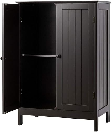 GLACER Armario de piso de baño, armario de almacenamiento de madera con puertas dobles, adecuado para baño, sala de estar, entrada, 23.5 x 14 x 34