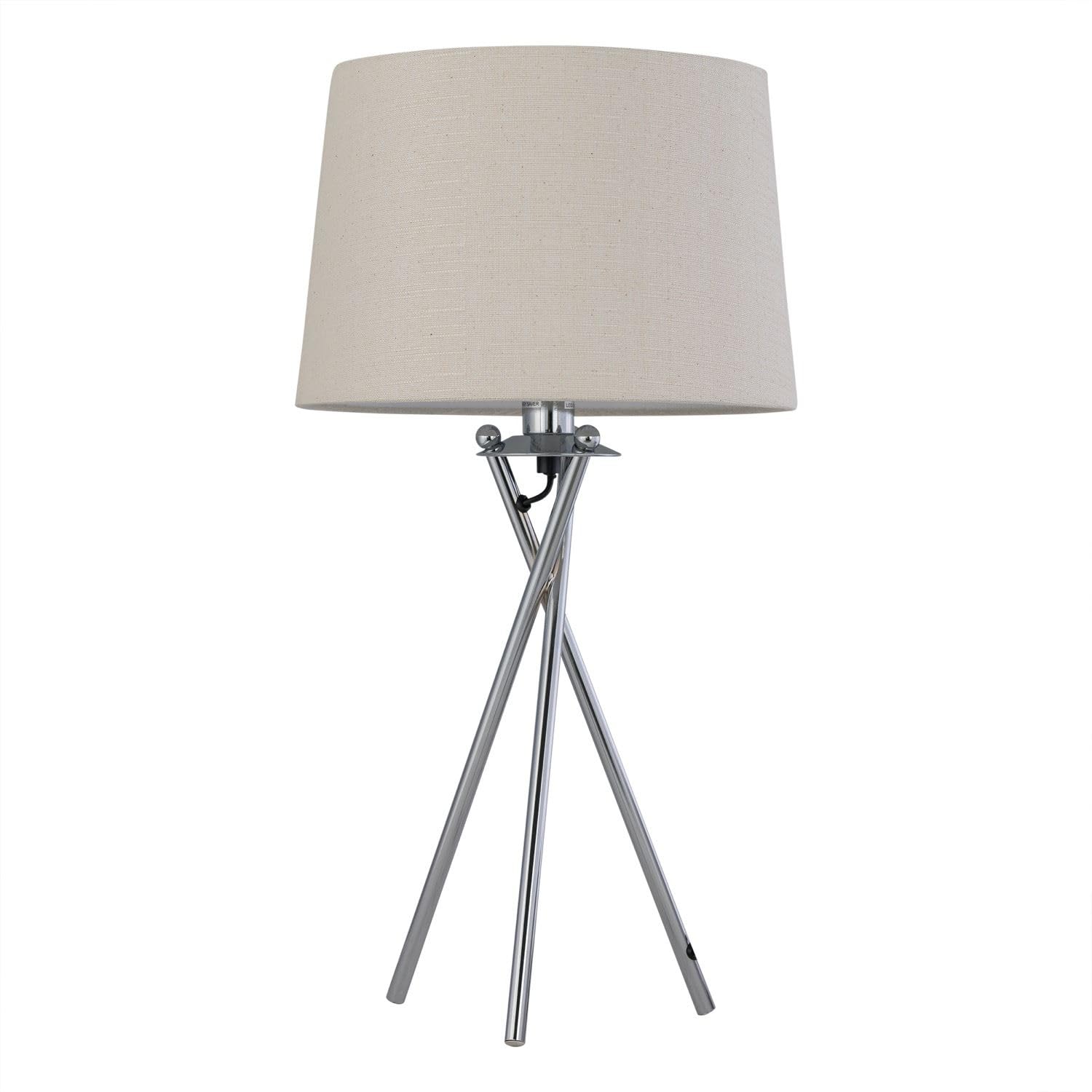 Firstchoicelighting Chrome & Natural Tripod Table Lamp Or Bedside Light, Chrome With Natural Linen Shade, Led Compatible, Height 53Cm, Inline Switch