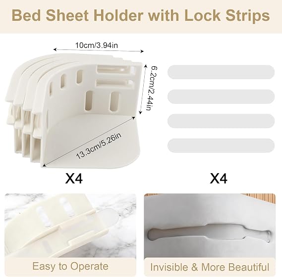4Pcs Bed Sheet Holders Clips for Bedding Corners with Lock Strips