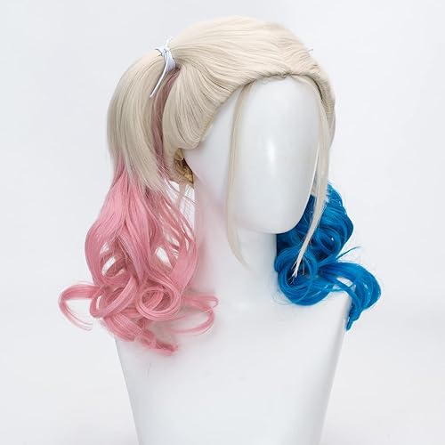 Miniatura 2 de Peluca rosa y azul para mujer, disfraz de cosplay, peluca larga rubia ondulada rizada trenzada para cola de caballo para fiesta de Halloween