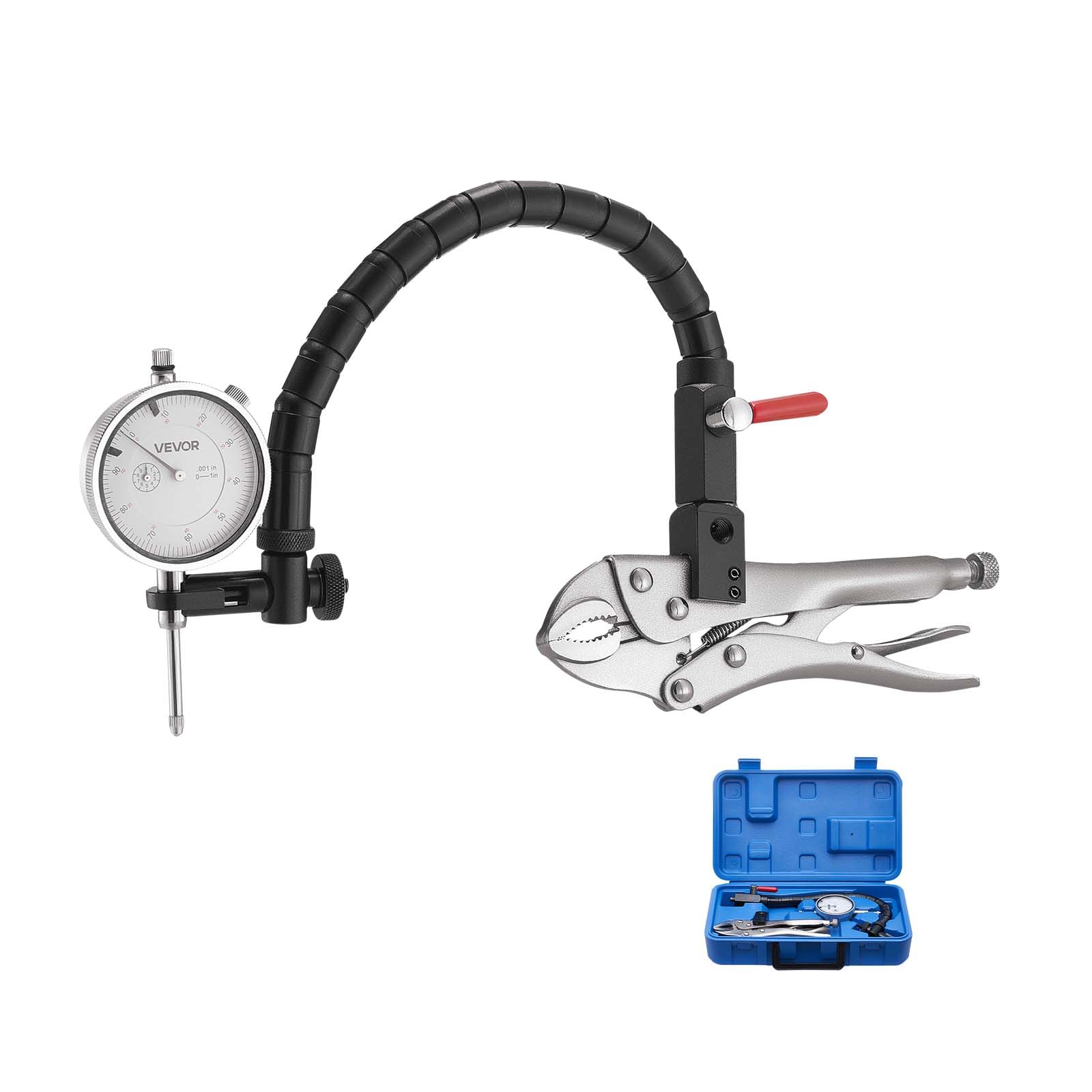 VEVOR Indicateur de test à cadran avec bras flexible 360° et pince de verrouillage 360°, comparateur à cadran, précision 0,03 mm, plage de mesure de 0 à 25,4 mm, avec étui de rangement, pour usinage