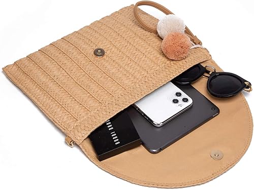 Miniatura 6 de Bolso cruzado con pompón tejido a mano para mujer, bolso cruzado de playa de verano, cartera