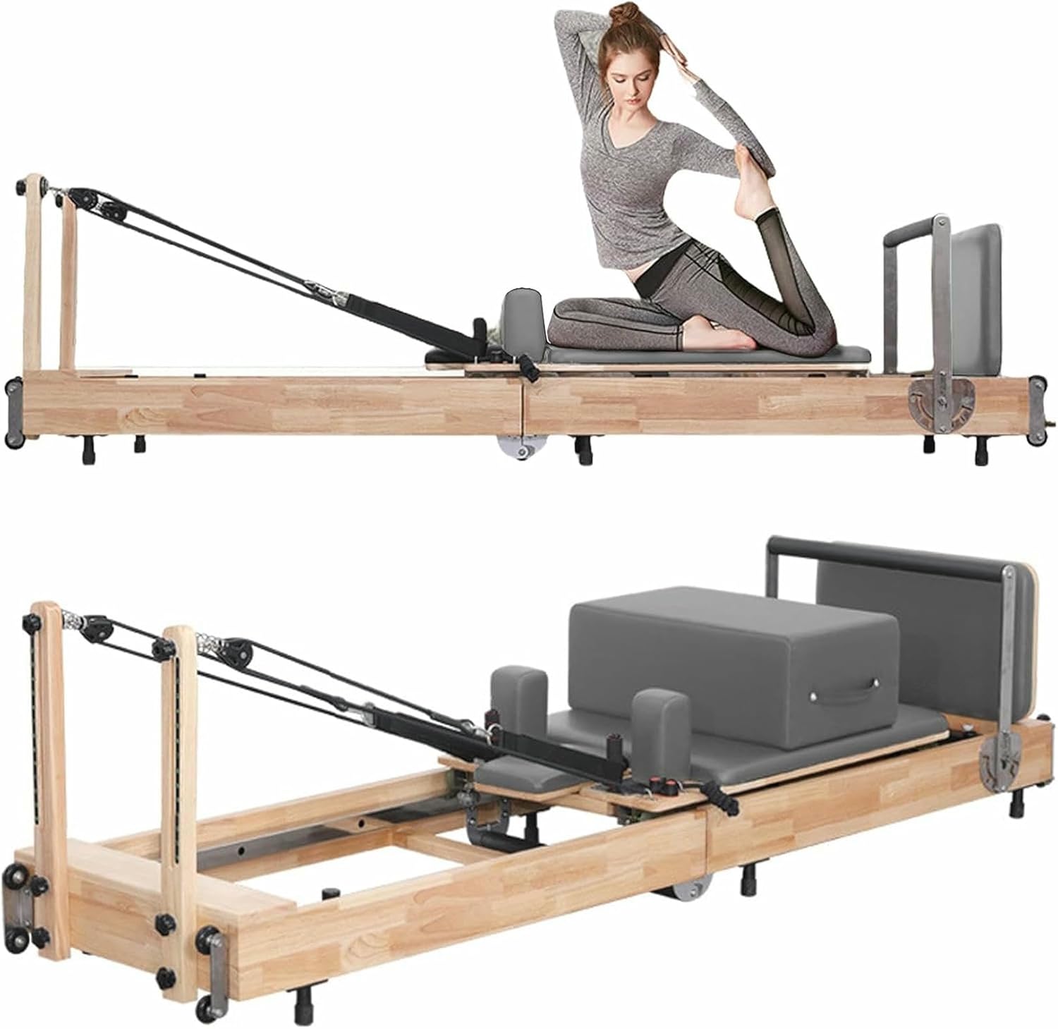 Pilates Reformer, Wooden Folding Reformer, Pilates Machine and Equipment for Home and Gym Training