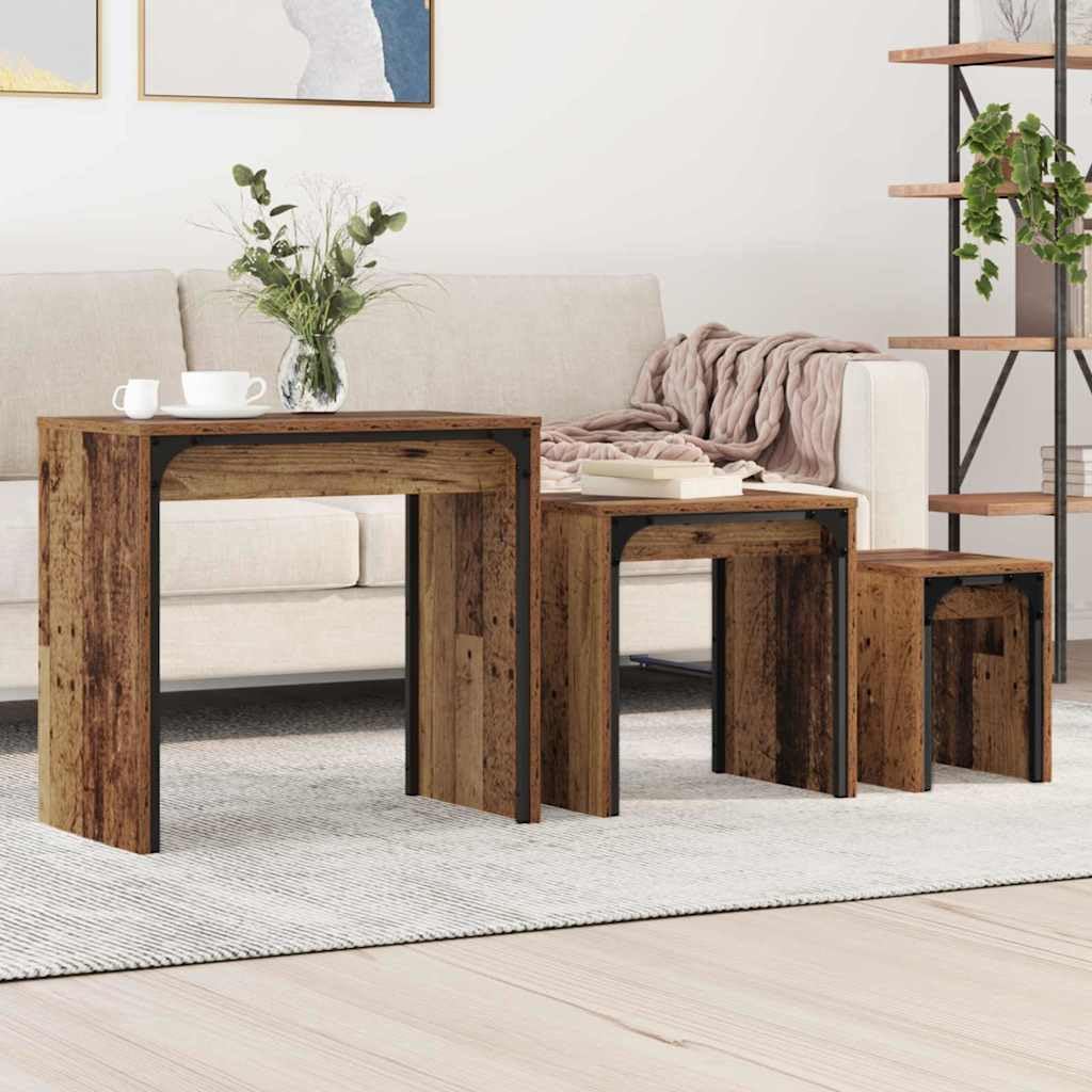 Table basse 3 pièces en bois vieilli et acier style industriel pour salon