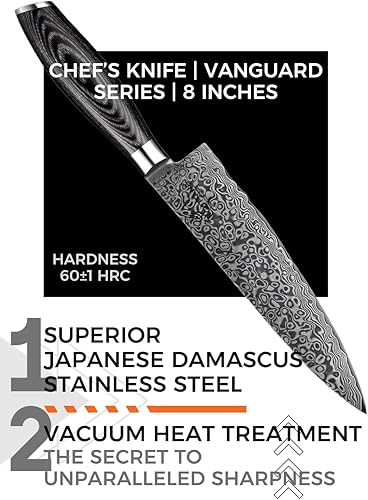 Miniatura 2 de Cuchillo de chef  8 pulgadas  Serie Vanguard  67 capas de acero japonés Damasco VG10  Incluye funda de madera y caja de regalo  Cuchillo de chef