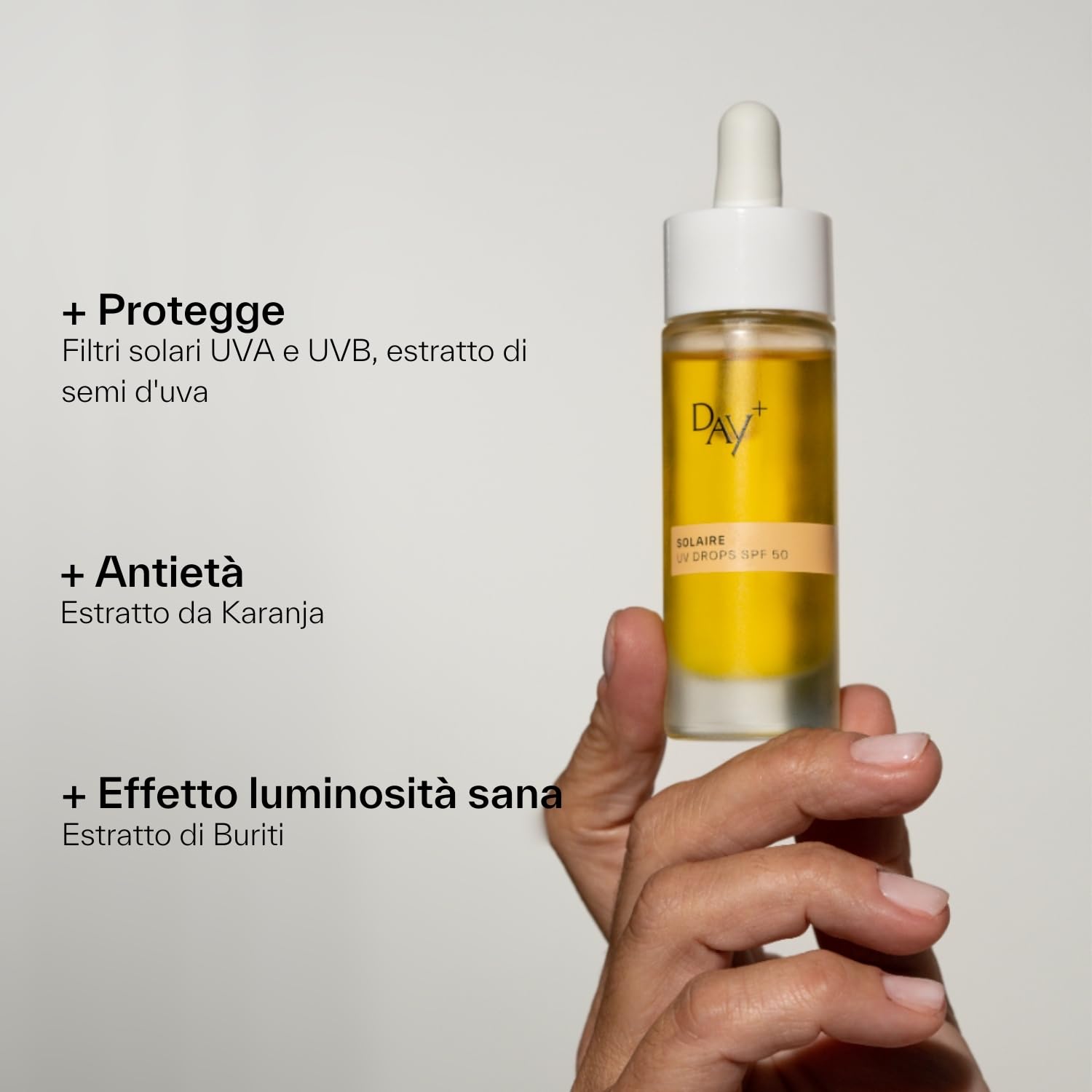 DAY+ | UV DROPS SPF 50 | Siero Viso Concentrato Solare ad Alta Protezione | Protegge dai raggi UVA/UVB, Contrasta le rughe e l'invecchiamento cutaneo, Idrata | Karanja, Buriti, Semi d'Uva | 30 ml