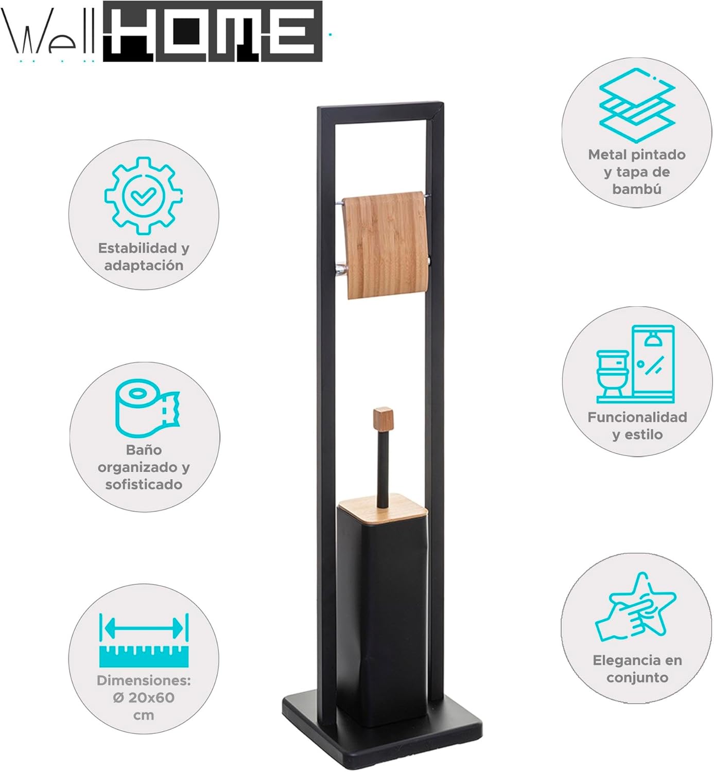 Well Home Natureo Toilet Roll Holder with Toilet Brush Holder, Black, 20 x 60 cm