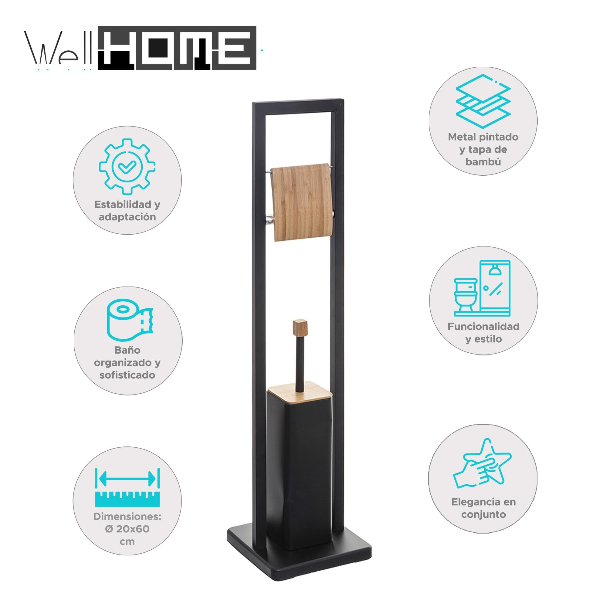 Well Home - Portarrollos con escobillero 'Natureo' en Color Negro Funcional Ø20x60cm