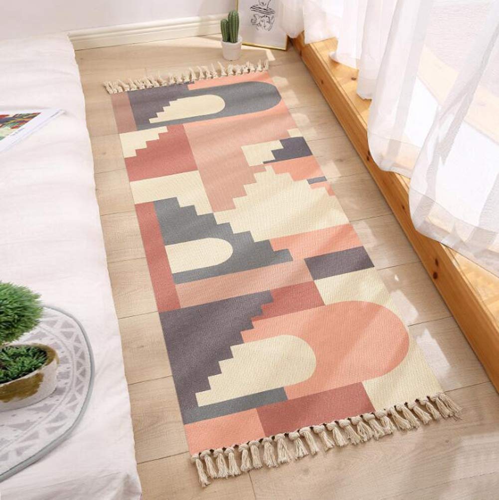 Icole Tapis en coton vintage tissé à la main avec pompons pour salon, salle de bain, chambre à coucher - Blanc