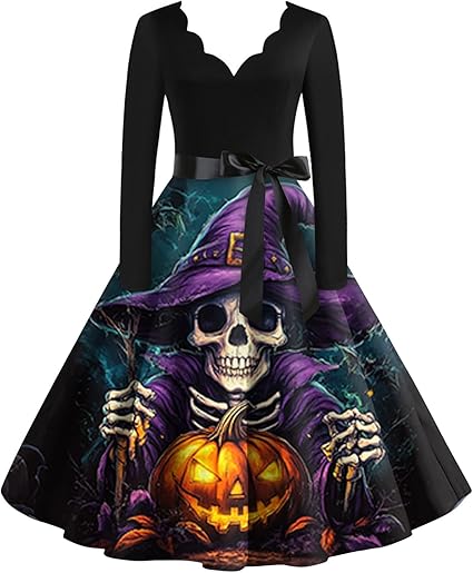 OIOLOYJM Sexy Plus Size Halloween Costumes Woman 2025 Long Sleeve V Neck Printed Gothic Retro Formal Party Dresses for Women