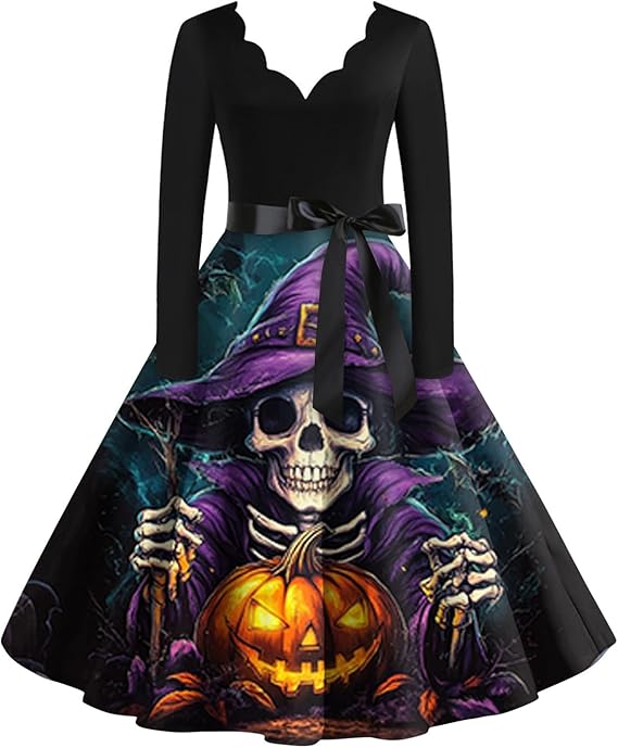 OIOLOYJM Sexy Plus Size Halloween Costumes Woman 2025 Long Sleeve V Neck Printed Gothic Retro Formal Party Dresses for Women