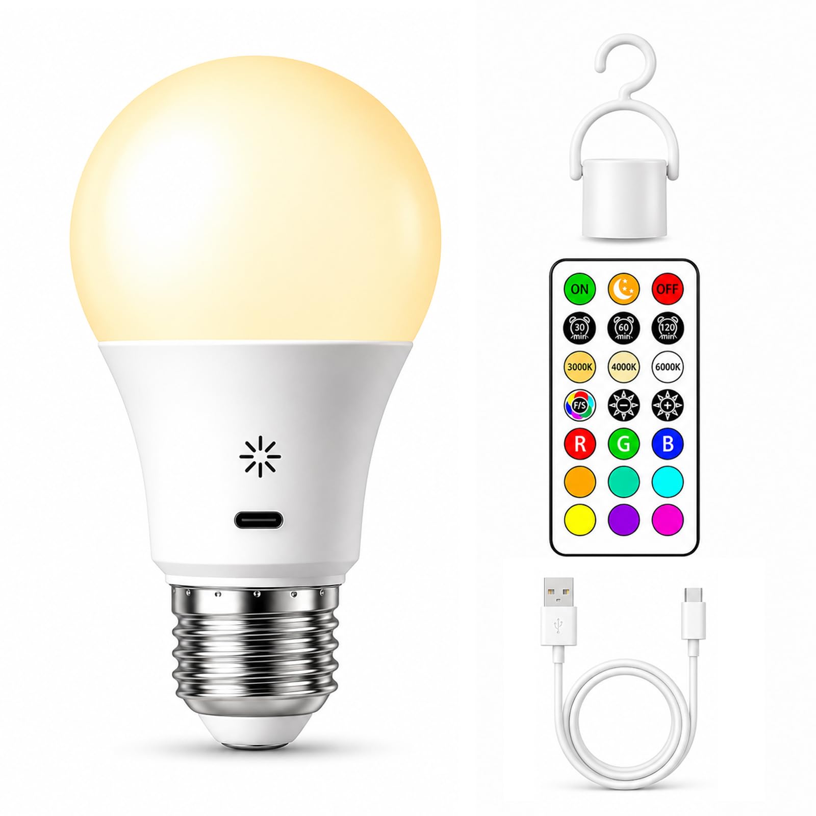 Rechargeable Light Bulbs with Remote & Touch, 2200mAh Battery Operated Bulb, 12 Colour Mode, 3 Timer & Night Light, E27 Screw Bulb with Hook, Dimmable Wireless LED Bulb for Lamps Without Power, 1 Pack