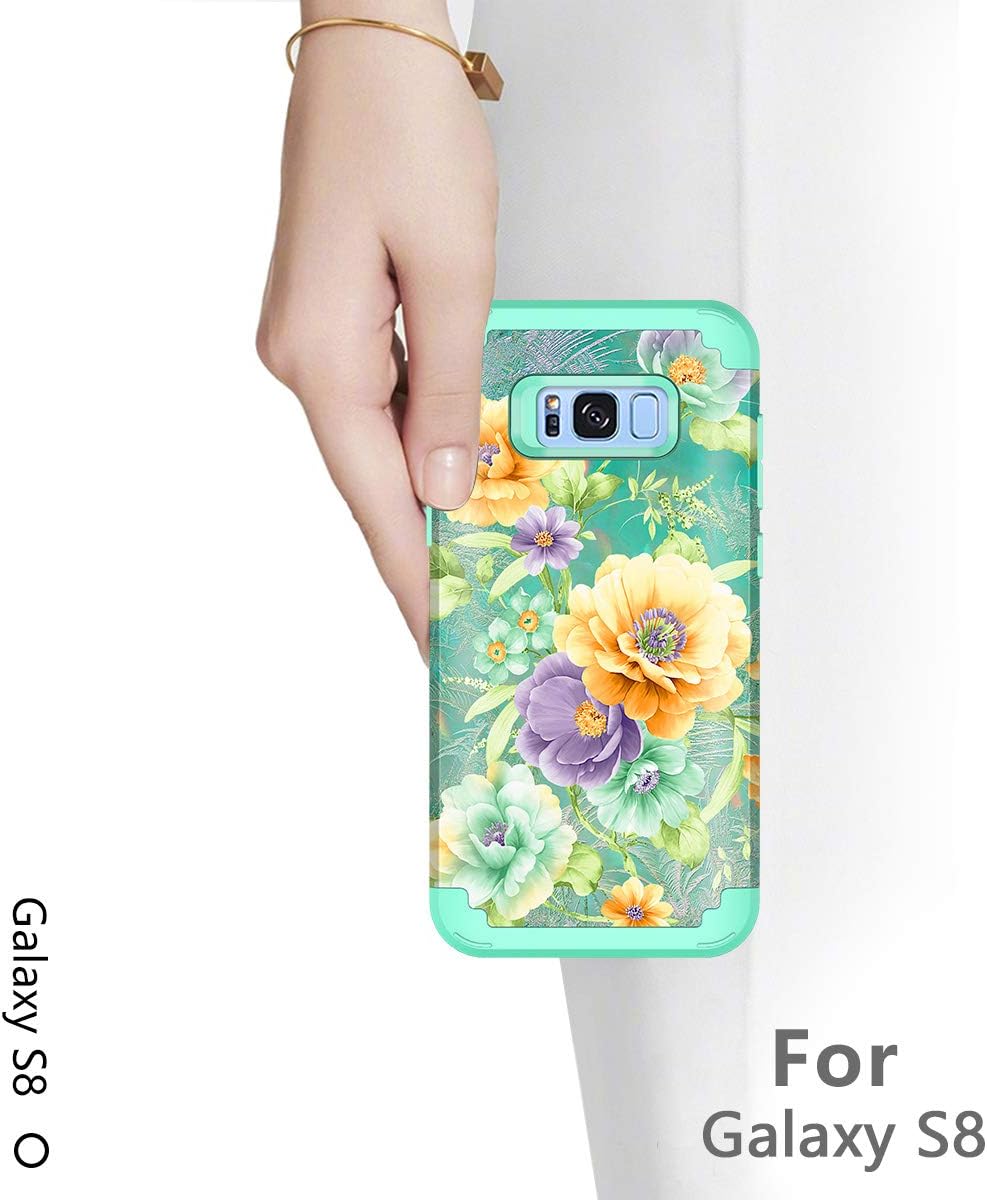 Hekodonk Compatible Galaxy S8 Case,Floral Design Heavy Duty Impact Shockproof Hard PC + TPU Fullbody Protective Cover for Samsung Galaxy S8 Green Floral