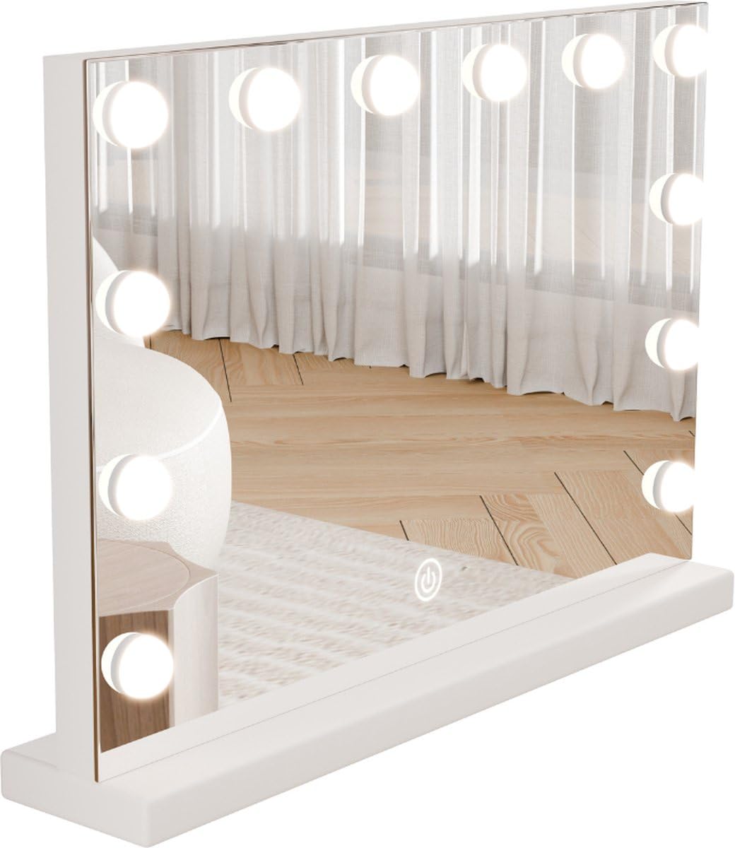 SensaHome Specchio da Trucco Pro - Specchio da Trucco Hollywood con 12 Lampade LED Dimmerabili, 3 Livelli di Luce, 46x58 cm - Bianco