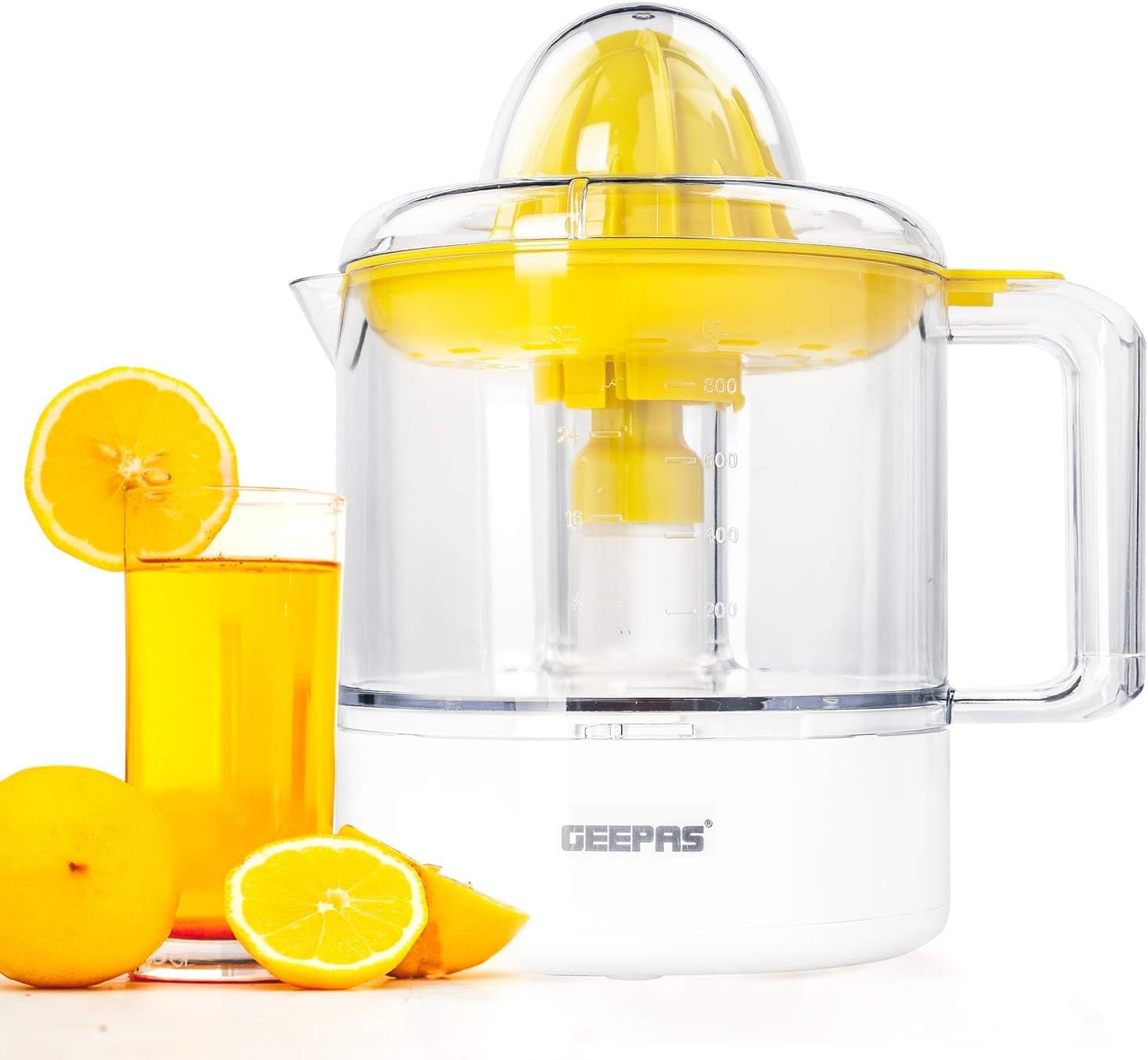 Portable Citrus Juicer Set Non Slip Feet Transparent Lid Plastic Body Effortless Juicer with 2 Cones Bi-Direction Twist for Quick Nutritious Juices 1 L 25 W GCJ9900 Yellow/White