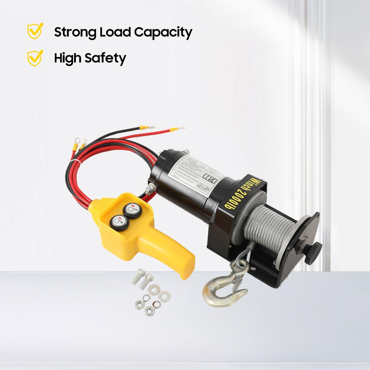 Verricello Elettrico 24 V Kit con Cavo d'Acciaio e Telecomando 2000lbs | Cavo d'Acciaio 15,2 m, Gancio con Fermo di Sicurezza, Telecomando Cablato, per Traino e Sollevamento su Veicoli e Rimorchi