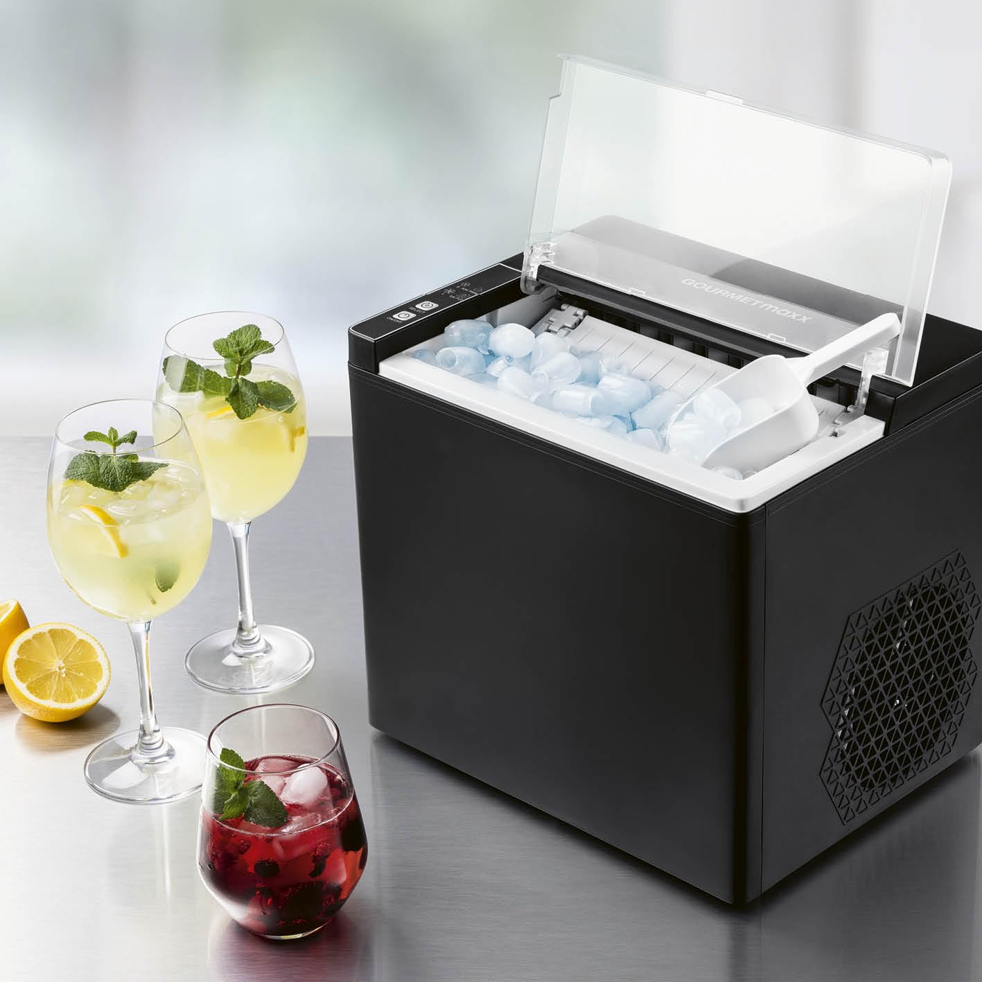 GOURMETmaxx kostkarka do lodu o mocy 150 W, na kemping i do współpracy, nie wymaga podłączenia wody, domowa kostkarka do lodu, w zestawie z pojemnikiem na odpady i łopatką do lodu, 12 kg dziennie