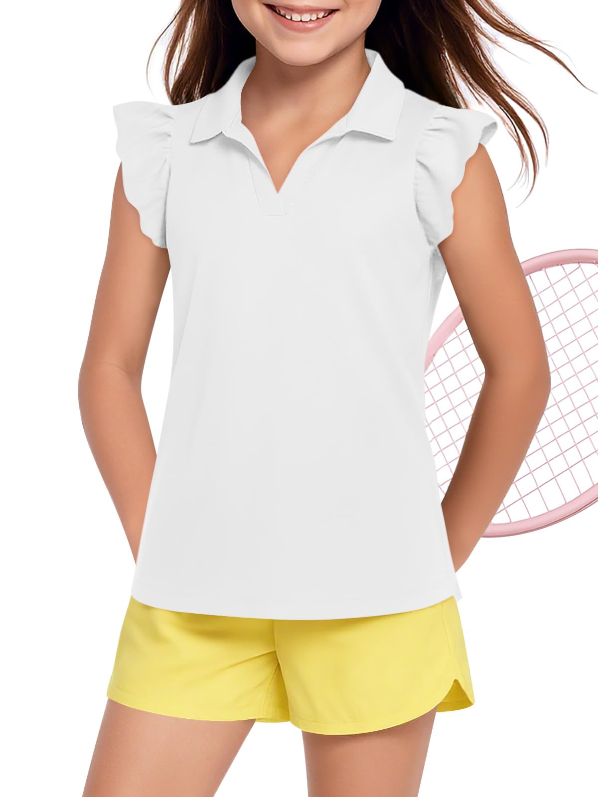 Close-up of the V-neck and ruffled sleeve detail on the Haloumoning Girls Polo Shirt.