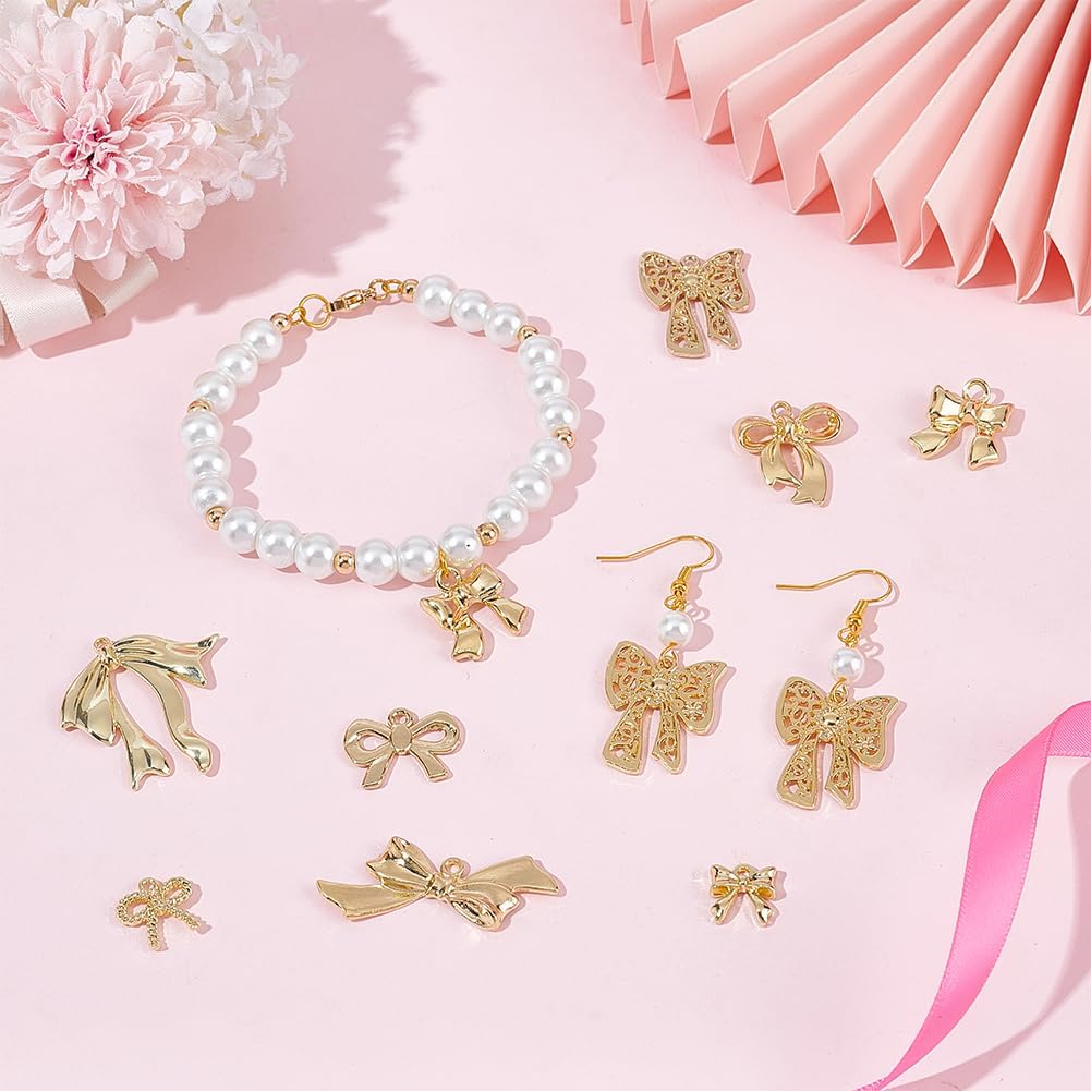 SUNNYCLUE 1 Box 32Pcs 8 Styles Gold Bow Charms Bulk Bowknot Charms Light Golden Alloy Metal Big Cute Bow Pendants for Jewelry Making Diy Craft Supplies Necklace Bracelet Earring Women Beginner Women