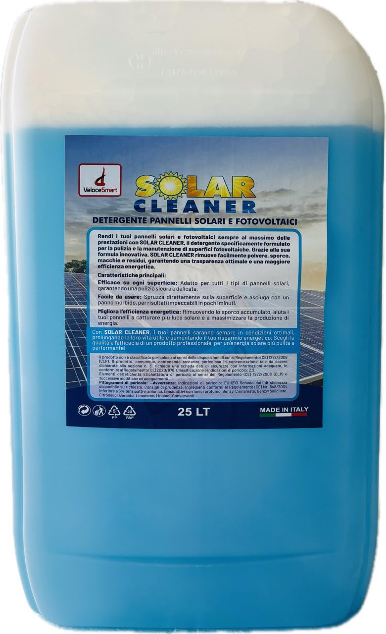 Detergente Professionale per Pannelli Solari e Fotovoltaici, VeloceSmart Solar Cleaner 25 Litri, Formula Innovativa per Massima Efficienza