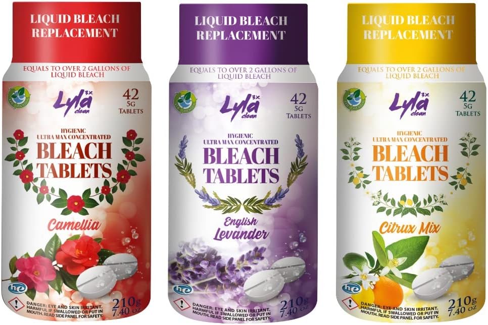 Ultra Max Concentrated Water Activated Bleach Tablets for Laundry and Cleaning. 3X 42 Tablets 7.4 OZ Phosphate Free Replaces Liquid Bleach Assorted 3 Scents (CLC3)