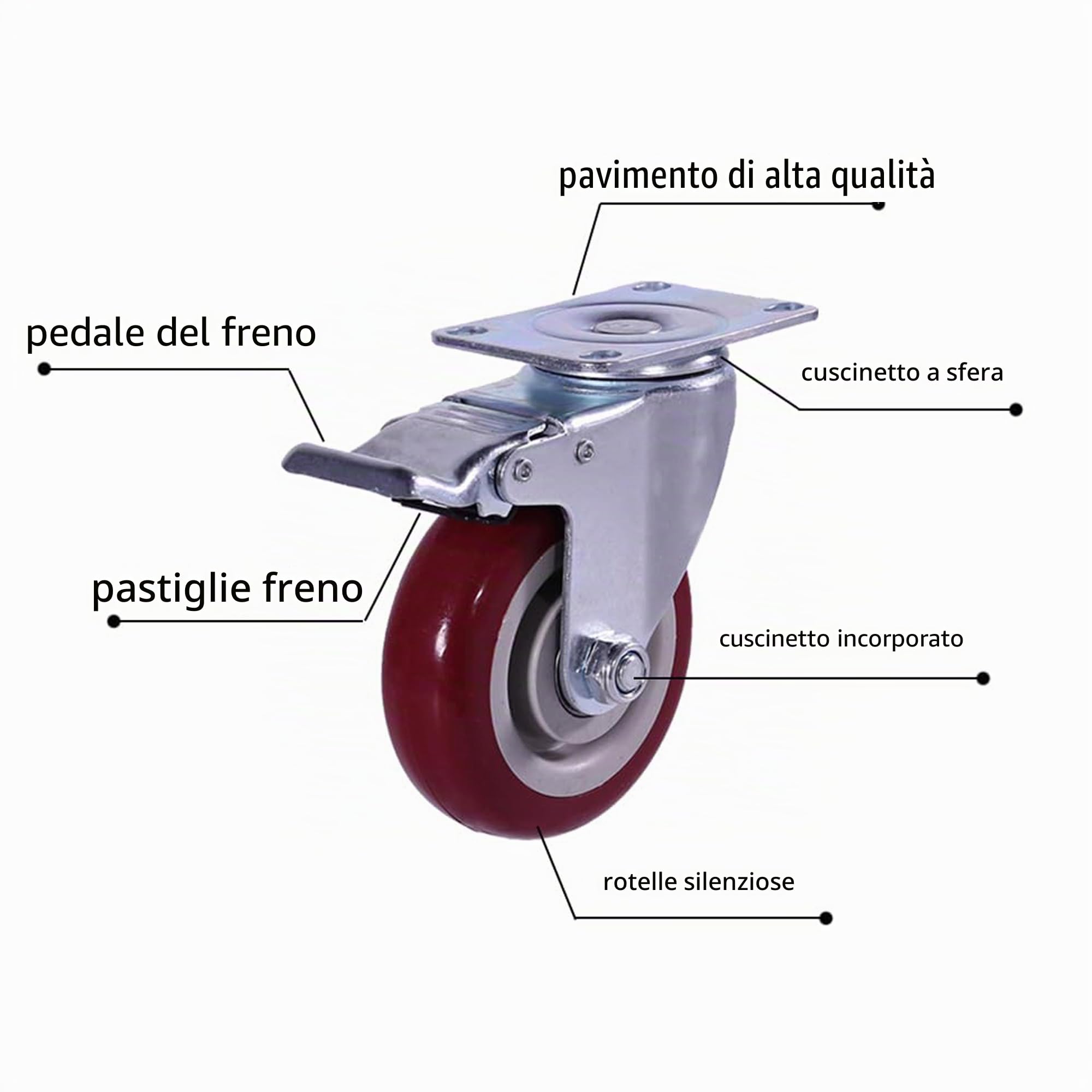 4 pezzi Ruote Per Carrello 100 mm Ruote per mobili con freno Girevoli Pesanti fino a 600kg Rosso