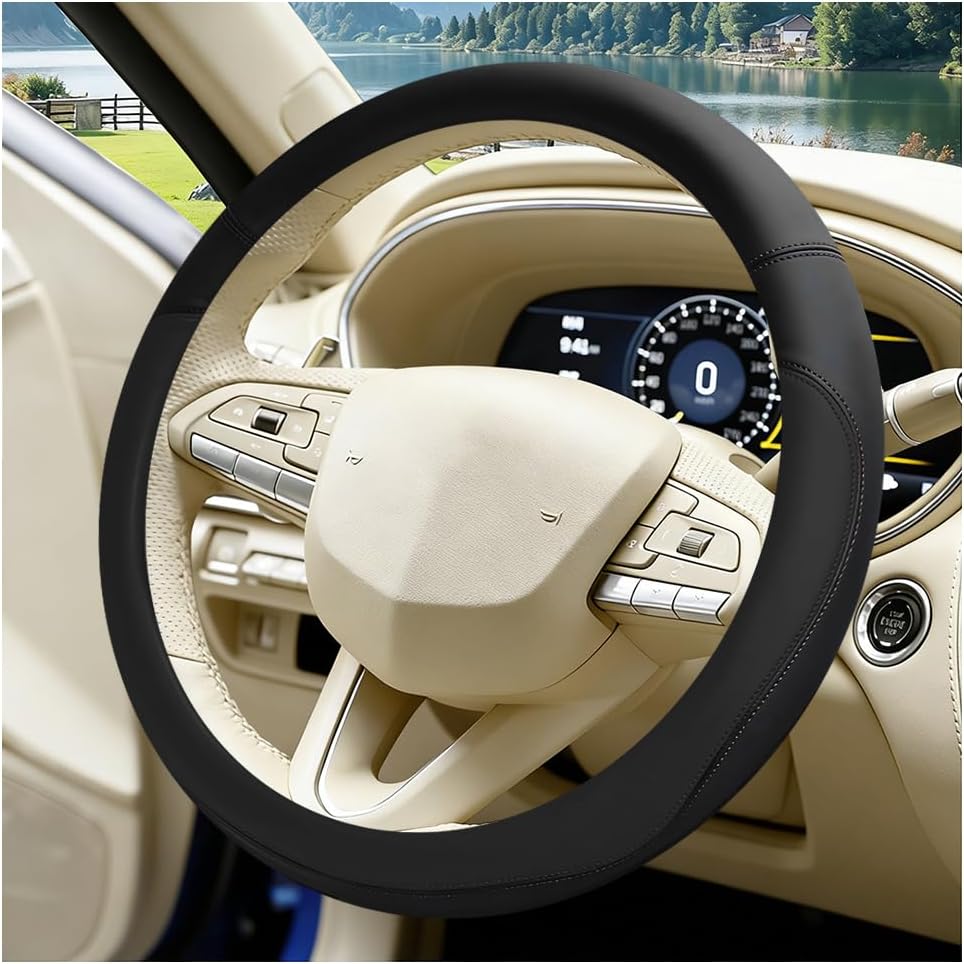 Car Steering Wheel Cover, 14.5-15" Soft Leather Comfortable Steering Wheel Protector with Non-Slip Lining, Stylish Auto Interior Protection Accessories, Universal Fit (Black)
